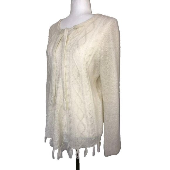 PRANA Shelby Poncho Sweater Womens Size Large Cream Ivory Cable Knit Tassle - Picture 4 of 6